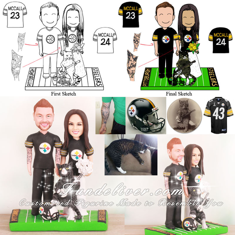 Steeler Theme Cat Playing Banjo Football Wedding Cake Toppers